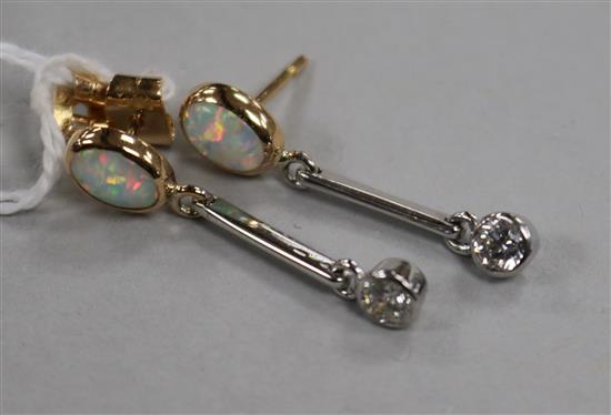 A pair of 18ct gold, white opal and diamond drop earrings, 29mm.